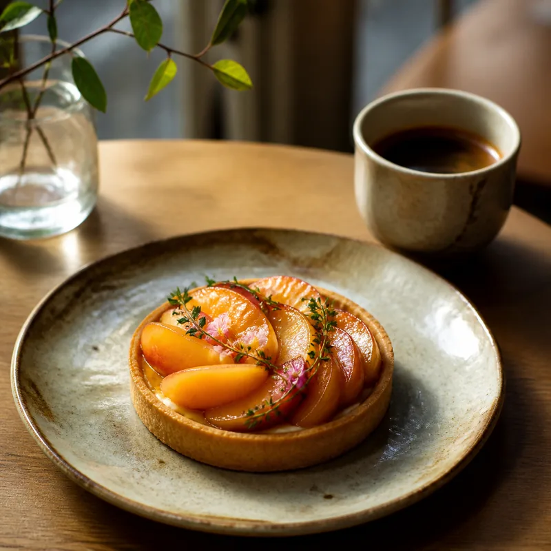 コーヒーとともに木のテーブルに置かれた、焼きりんごのタルト